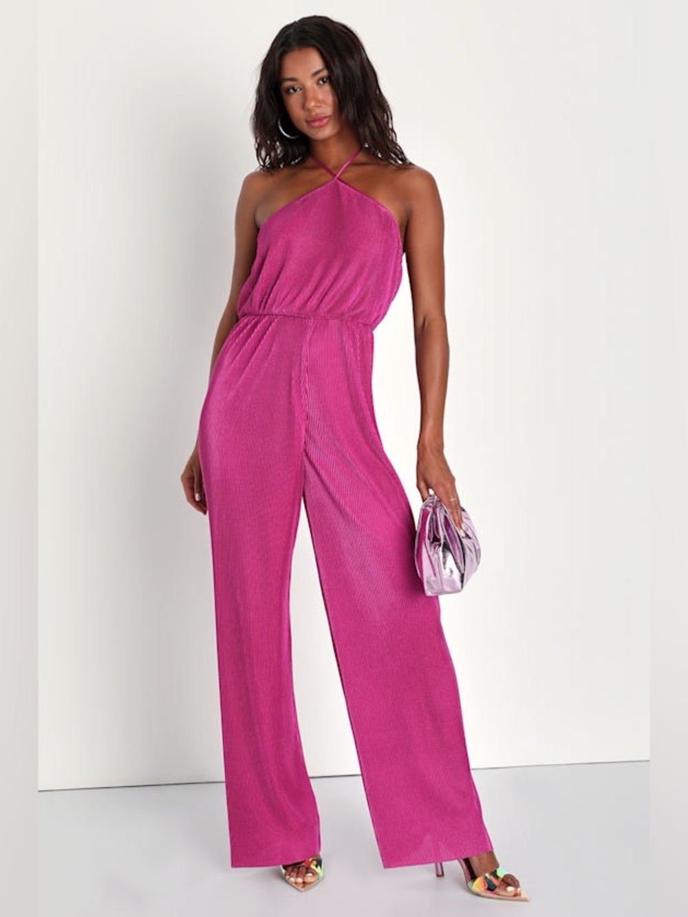 NWT Lulus Fun Perfection Magenta Satin Plisse Halter Jumpsuit L